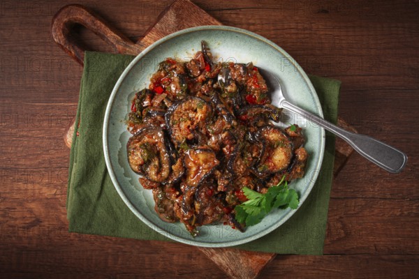 Meat with eggplant, Georgian dish, homemade, no people