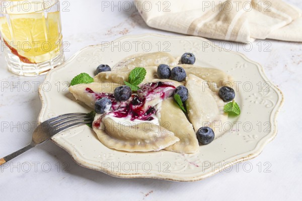 Handmade dumplings filled with sweet ingredients, arranged beautifully on a white plate, topped with berry sauce, fresh blueberries, and mint leaves, ready to enjoy