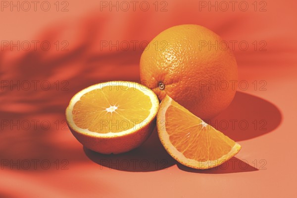 On the coral surface, next to two neatly sliced slices, there is a whole orange. Sunlight casts soft shadows, emphasizing the freshness and bright color of the fruit