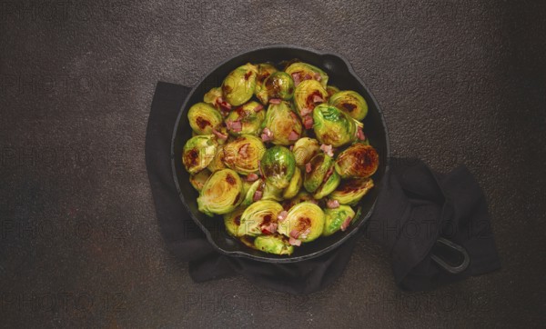 Roasted brussels sprouts, with bacon, vegetarian food, homemade, no people