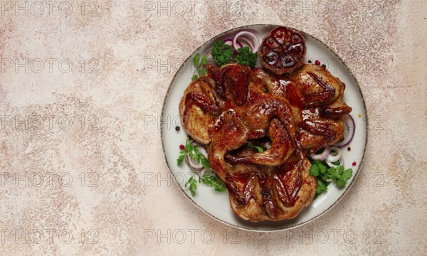 Fried, quail meat, tobacco (tapaka), with spices, homemade, no people