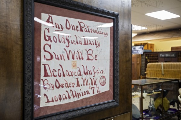 Tonopah, Nevada - The Central Nevada Museum. Museum exhibits explore the mining and ranching history of the area. A handmade sign on display remembers the Industrial Workers of the World, which fought for 'one big union' to represent all workers