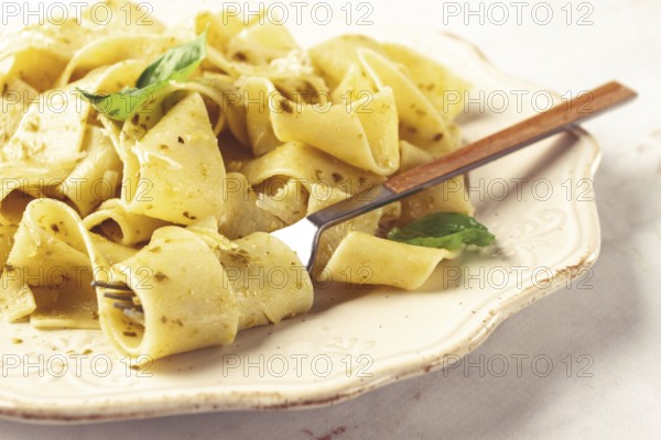 Fresh papardelle pasta, with basil and pesto sauce, is served, on a white plate, with a fork held by hand