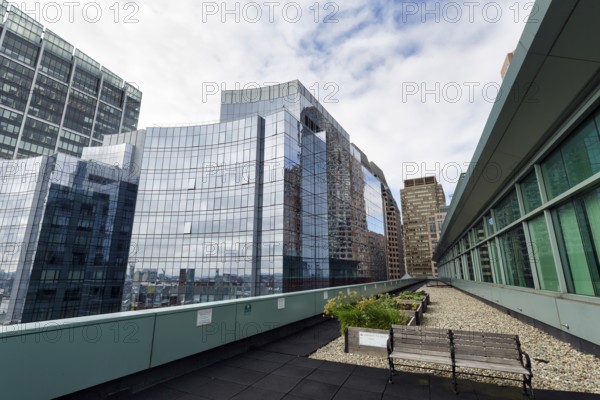 Glass facades, skyscrapers, office towers, observation deck at Independence Wharf, Seaport District, Boston, Massachusetts, New England, USA
