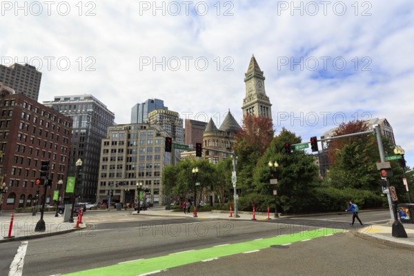 Government Center with Boston City Hall and Custom House Tower, Clock Tower, Passerby, Road Junction, Freedom Trail, Financial District, Downtown, Boston, Massachusetts, New England, USA