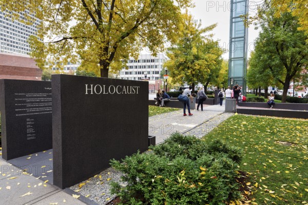 New England Holocaust Memorial stone with inscription, walker, Carmen Park, Freedom Trail, Downtown, Boston, Massachusetts, New England, USA