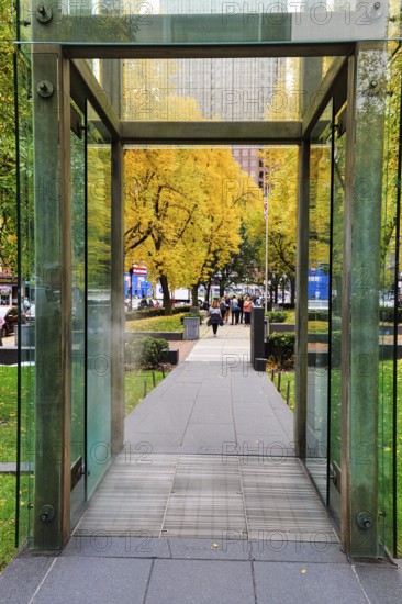 Glass tower, passageway, death camp symbol, Indian Summer, New England Holocaust Memorial, walker, Carmen Park, Freedom Trail, Downtown, Boston, Massachusetts, New England, USA