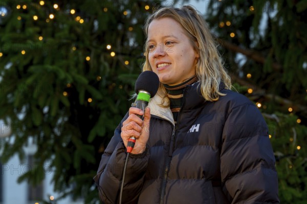 Carla Reemtsma speaks at Fridays for Future rally on 10 years of Paris Agreement and 7 years of Fridays for Future. Pariser Platz, Berlin, 12.12.2025
