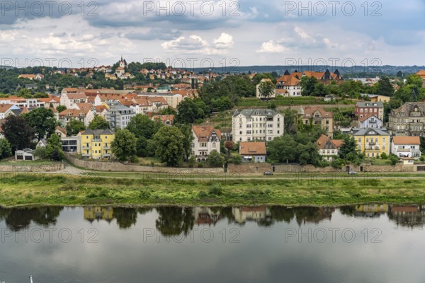 Residential buildings and the Elbe in Meissen, Saxony, Germany