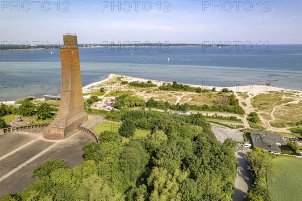 Laboe with the naval memorial, beach and dune landscape on the Kiel Fjord seen from above, Laboe, Schleswig-Holstein, Germany