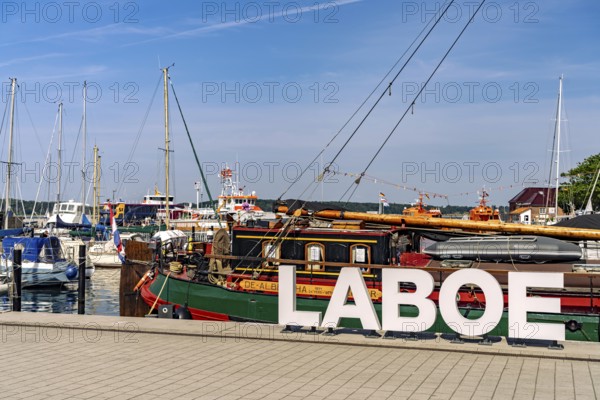 Laboe lettering on the port of Laboe, Schleswig-Holstein, Germany