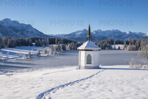 Snow-covered chapel and footprints with mountain landscape in the background, Hegratsrieder See, near Füssen, Ostallgäu, Allgäu, Bavaria, Germany