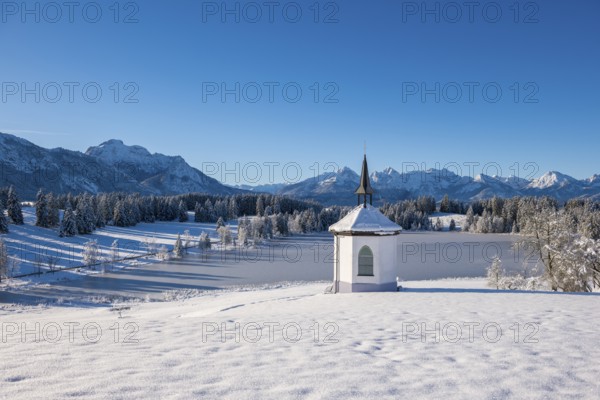Small chapel in front of snow-covered mountains and forests under a clear sky, Hegratsrieder See, near Füssen, Ostallgäu, Allgäu, Bavaria, Germany
