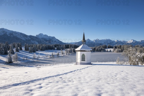 Idyllic chapel in snow with footprints in a picturesque winter landscape, Hegratsrieder See, near Füssen, Ostallgäu, Allgäu, Bavaria, Germany