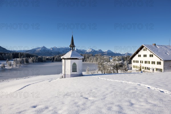 Winter scenery with chapel and house in snow-covered surroundings with mountain panorama, Hegratsrieder See, near Füssen, Ostallgäu, Allgäu, Bavaria, Germany