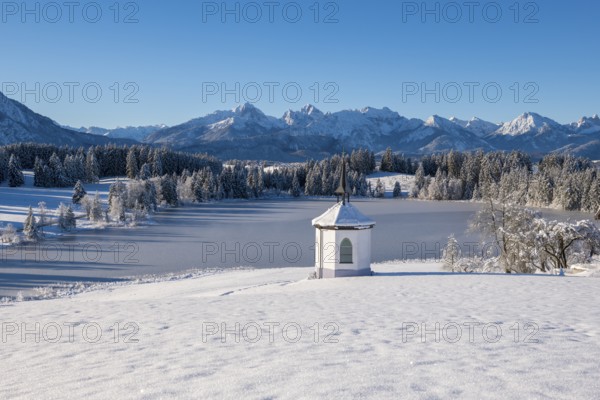 Landscape with snowy chapel on the shore of a frozen lake in front of Bergen, Hegratsrieder See, near Füssen, Ostallgäu, Allgäu, Bavaria, Germany