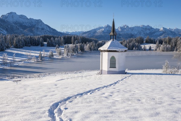 Small chapel in winter with footprints in the snow and mountains in the background, Hegratsrieder See, near Füssen, Ostallgäu, Allgäu, Bavaria, Germany