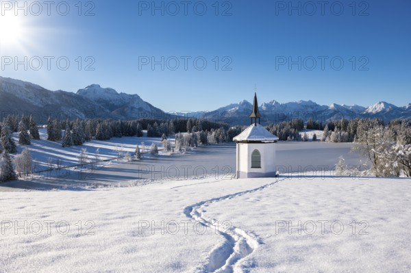 Chapel in snow with footprints and sunny mountain landscape, Hegratsrieder See, near Füssen, Ostallgäu, Allgäu, Bavaria, Germany