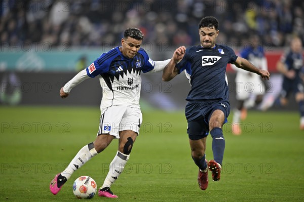 Tackle, action Ozan Kabak TSG 1899 Hoffenheim (05) against Ransford Königsdörffer Hamburger SV HSV (11) PreZero Arena, Sinsheim, Baden-Württemberg, Germany