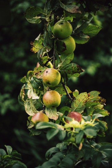 Apple (Malus domestica), several green-reddish apples on a branch with leaves against a dark background in soft light, Schillig, Lower Saxony, Germany