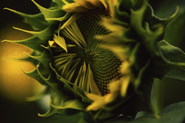 Sunflower (Helianthus annuus) detailed artistic close-up of an opening flower head with green bracts and visible seed structure, yellow petals at the edge, selective sharpness, dark background, warm light, Dortmund, North Rhine-Westphalia, Germany