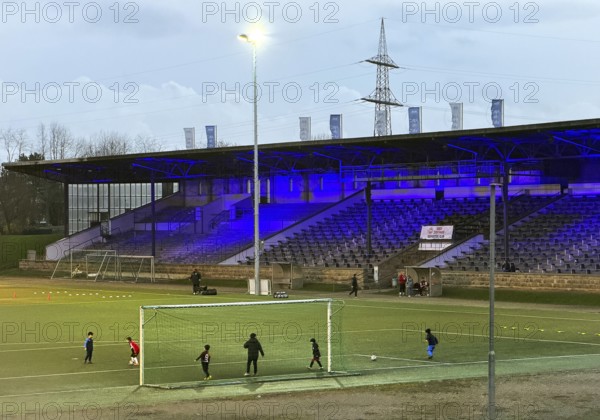 Youth training in the royal blue Glückauf Kampfbahn of FC Schalke 04, Gelsenkirchen, Ruhr area, North Rhine-Westphalia, Germany