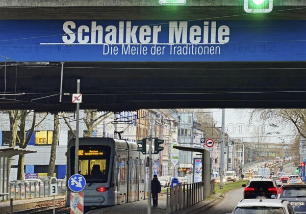 Schalker Meile logo on the A42 motorway bridge, Schalke district exit, Gelsenkirchen, Ruhr area, North Rhine-Westphalia, Germany