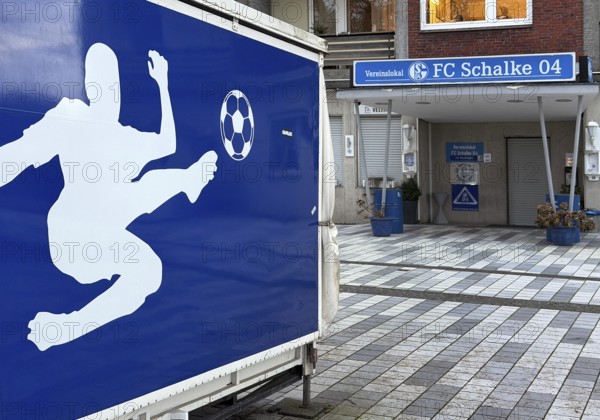 Royal blue and white soccer graphic at the club house of FC Schlake 04, Gelsenkirchen-Schalke, Ruhr area, North Rhine-Westphalia, Germany