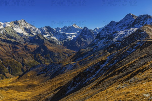 Snow-capped peaks in Val d'Anniviers, view from Corne de Sorebois mountain peak, Val d'Anniviers, Valais Alps, Canton of Valais, Switzerland