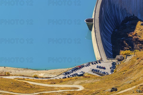 The dam and turquoise lake Lac de Moiry, Val d'Anniviers, Valais Alps, Canton of Valais, Switzerland