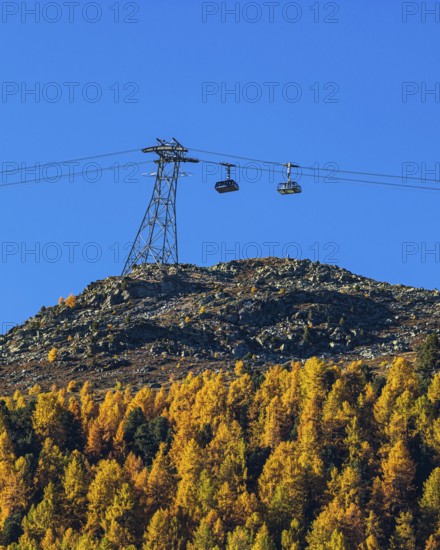 Gondolas and cable car route from Grimentz to the Espace Weisshorn mountain station, above autumn trees, Val d'Anniviers, Valais Alps, Canton of Valais, Switzerland