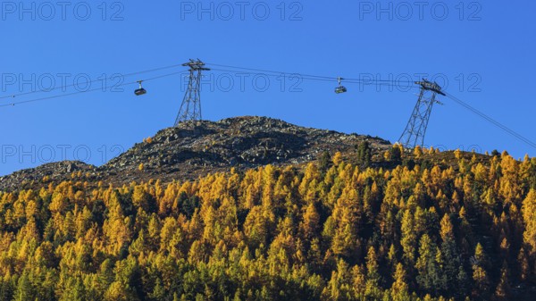 Gondolas and cable car route from Grimentz to the Espace Weisshorn mountain station, above autumn trees, Val d'Anniviers, Valais Alps, Canton of Valais, Switzerland