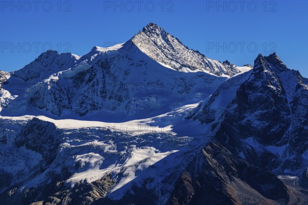 Snow-capped peaks of the Zinalrothorn and Basso mountains, Val d'Anniviers, Valais Alps, Canton of Valais, Switzerland