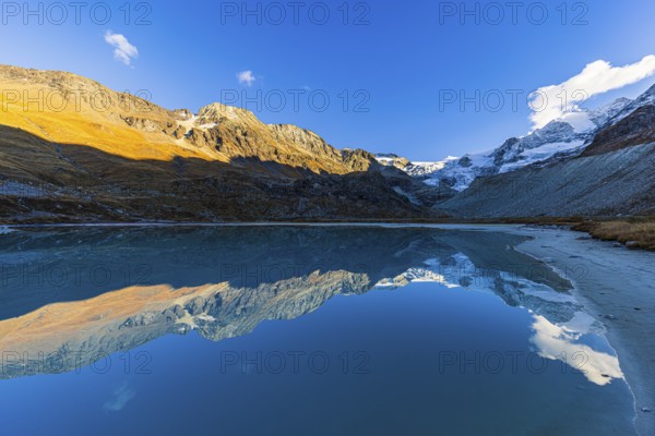 The Moiry glacier and mountain peaks are reflected in Lac de Chateaupre, Val d'Anniviers, Valais Alps, Canton of Valais, Switzerland