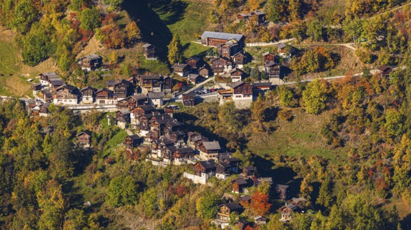 Mountain village of Pinsec with autumn colors, Val d'Anniviers, Valais Alps, Canton of Valais, Switzerland