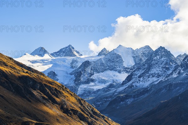 The snow-capped peaks of the Grand Cornier, Tete Blanche and Pointe Moiry mountains, Val d'Anniviers, Valais Alps, Canton of Valais, Switzerland