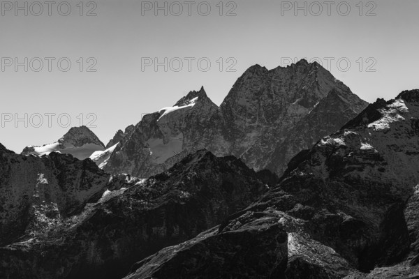 Snowy peaks of the Pointe de Moiry mountains, black and white photo, Val d'Anniviers, Valais Alps, Canton of Valais, Switzerland