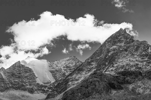 Snowy peaks of Grande Cornier and Tete Blanche mountains, black and white photo, Val d'Anniviers, Valais Alps, Canton of Valais, Switzerland
