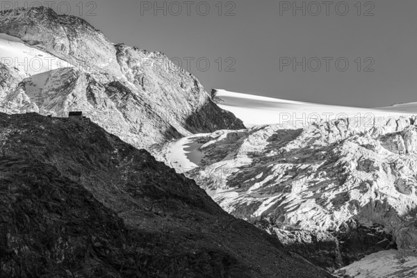 The Moiry Hut and the Moiry Glacier, black and white photo, Val d'Anniviers, Valais Alps, Canton of Valais, Switzerland