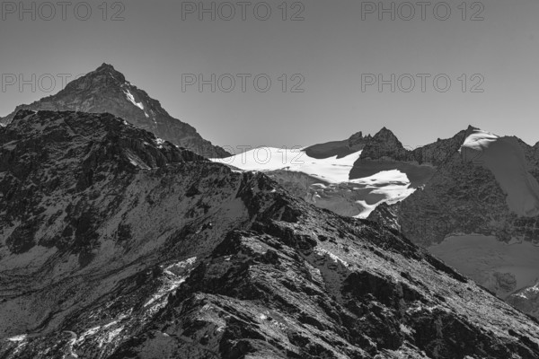 Snowy peaks of the Garde de Bordon and Dent d'Herens mountains, black and white photo, Val d'Anniviers, Valais Alps, Canton of Valais, Switzerland