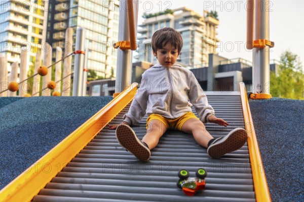 Young boy sitting on a playground slide in vancouver, british columbia, playing with a toy car while soaking up the sunshine on a delightful outdoor day filled with joy and laughter
