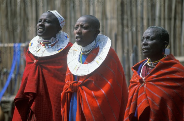 Maasai woman dance in their village in the Ngorongoro Crater, Tanzania, Africa, June 2000, vintage, retro, old, historic