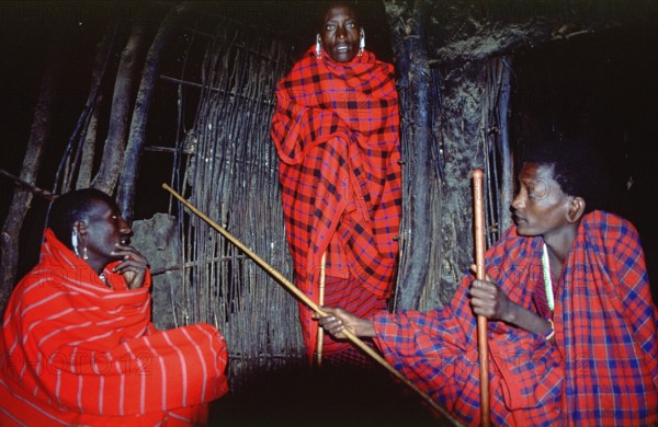 Men, Maasai in hut, Ngorongoro Crater, Tanzania, Africa, June 2000, vintage, retro, old, historic