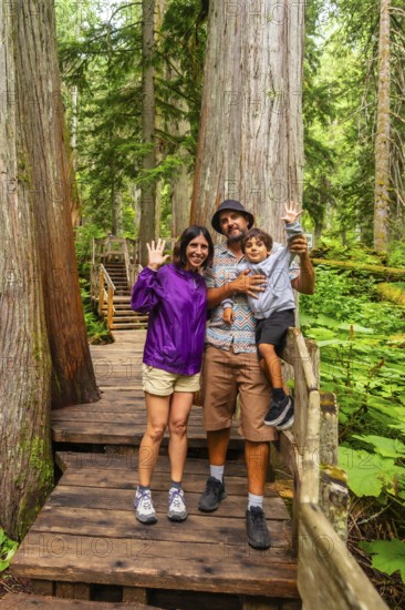 Tourists enjoying a summer hike waving at the camera on the giant cedars boardwalk trail in mount revelstoke national park, british columbia, canada
