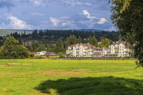 Lush green meadow stretches towards contemporary waterfront residential buildings under a cloudy sky in salmon arm, british columbia, showcasing the serene beauty of the canadian landscape