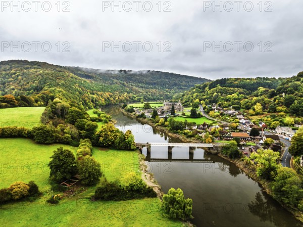 Autumn over Wye Valley and River Wye from a drone, Tintern, Chepstow, Monmouthshire, Wales, UK
