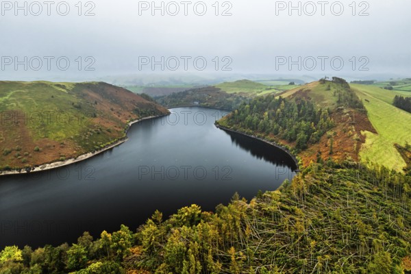 Autumn colours over Llyn Clywedog and Clywedog Reservoir from a drone, Llanidloes, Wales, UK