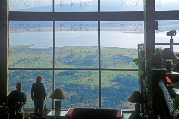 View through the panoramic window of the Ngorongoro Wildlife Lodge towards the Ngorongoro Crater, Tanzania, Africa, June 2000, vintage, retro, old, historic