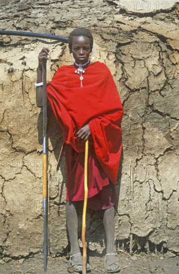 Maasai boy standing guard, teenager, Ngorongoro Crater, Tanzania, Africa, June 2000, vintage, retro, old, historic