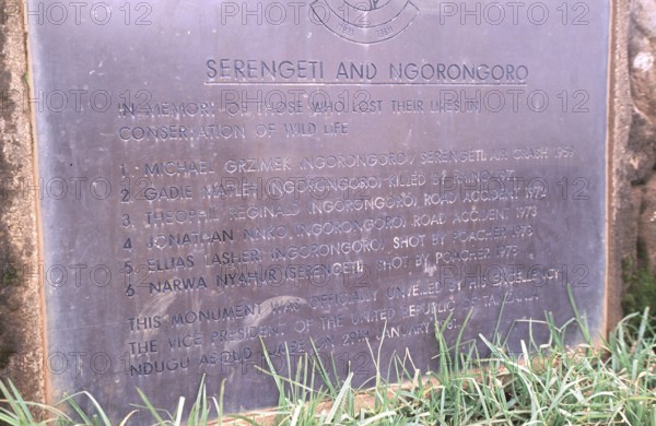 Memorial plaque for Michael Grzimek and others on the edge of the Ngorongoro crater, Tanzania, Africa, June 2000, vintage, retro, old, historic